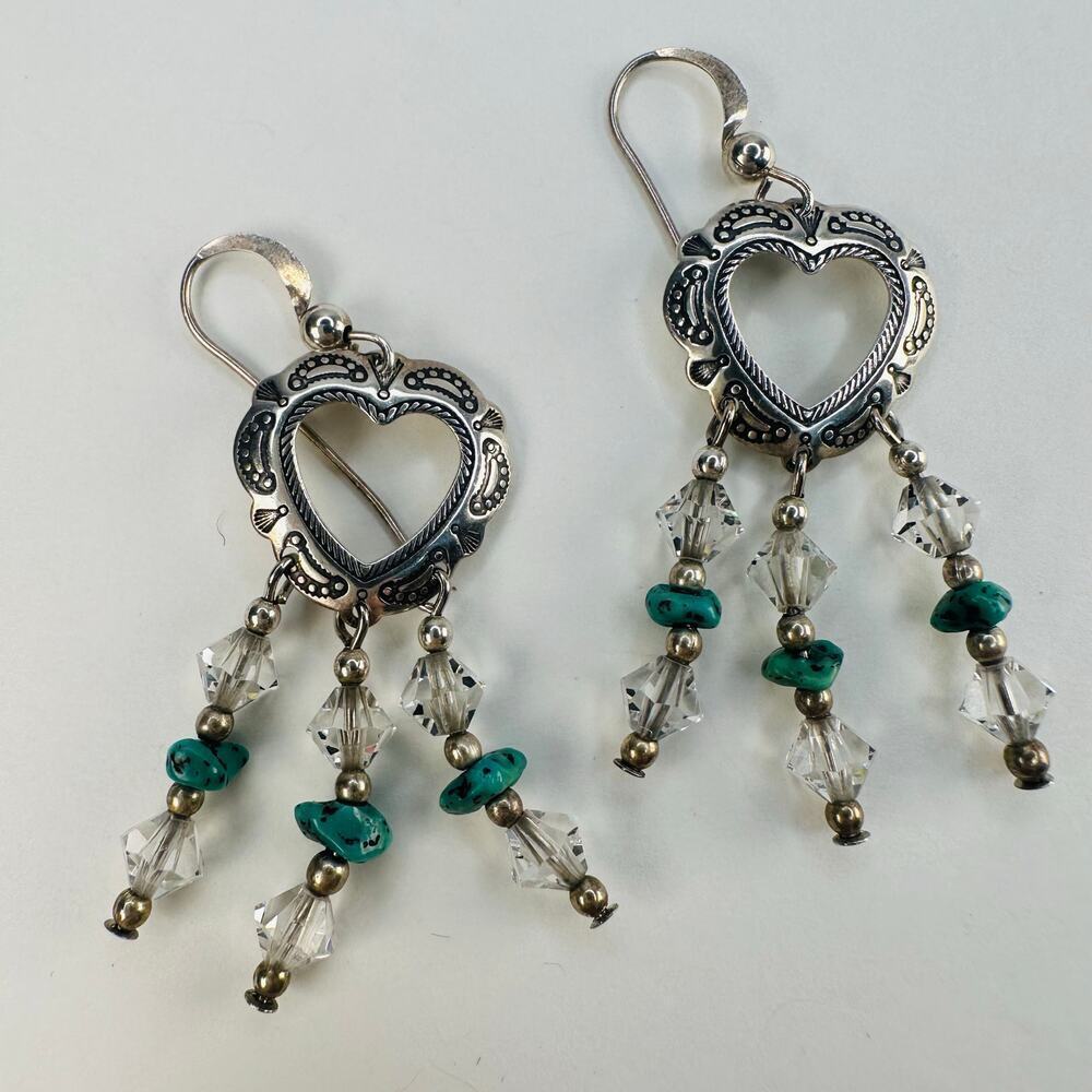 Sterling Silver and Turquoise Heart Cutout Drop Dangle Earrings